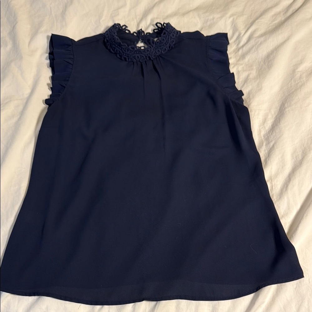 Daniel Rainn Navy Blouse with Lace Neckline